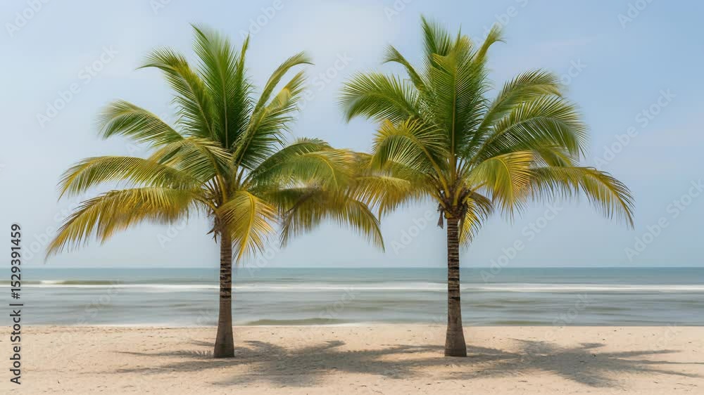 Two Palm Trees on a Sandy Beach by a Calm Ocean Two Palm Trees on a Sandy Beach by a Calm Ocean
