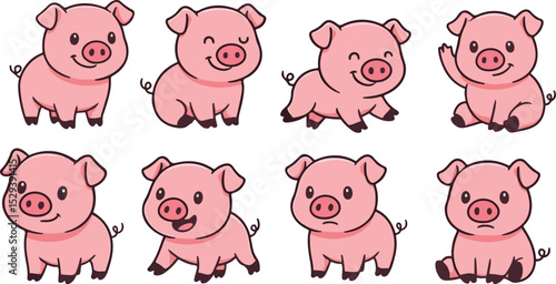 vector illustration of pink pig funny cute simple cartoon mascot character cartoon with 8 poses 03