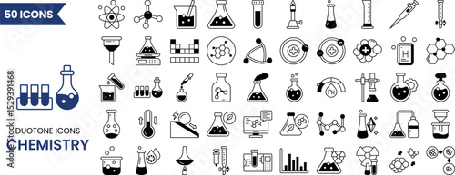 Chemistry icon set in duotone style. Containing test flask, test tube, chemistry lab, experiment, chemical bond, atom, molecule and more. Vector illustration