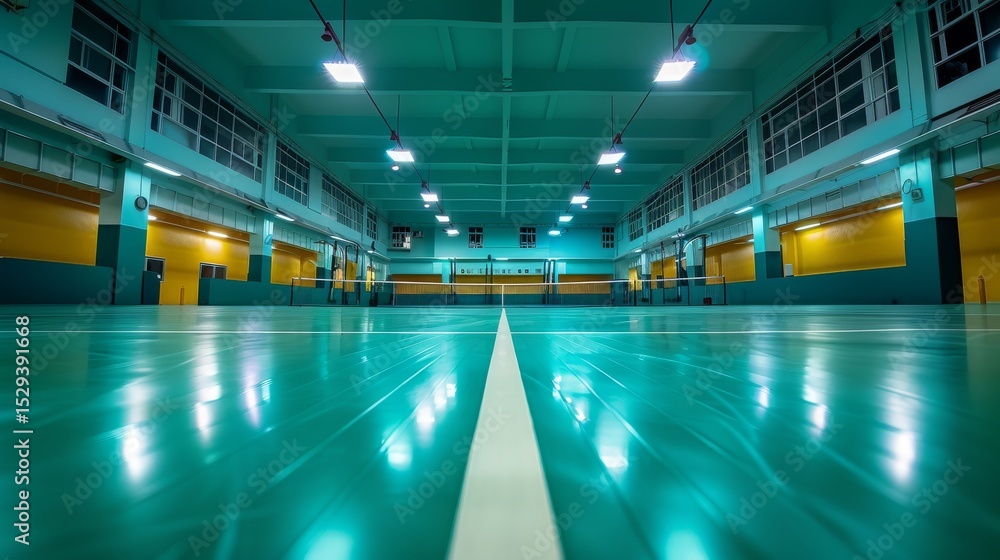Fototapeta premium A spacious indoor sports hall with polished flooring and bright lighting creates an ideal environment for athletic activities and evokes a sense of energy and potential for play.