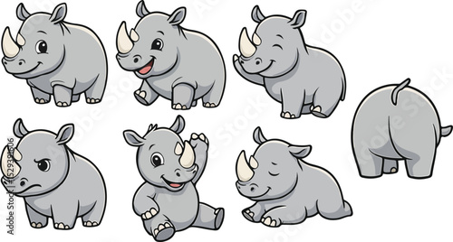 vector illustration of rhino funny cute simple cartoon mascot character cartoon with 7 poses 