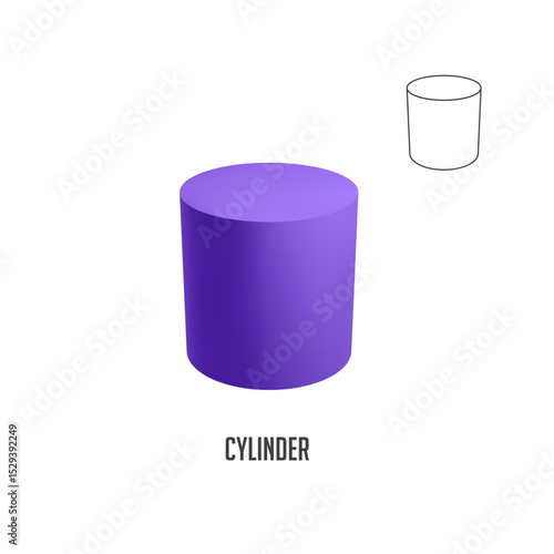 Illustration featuring a purple cylinder alongside its outline, providing a visual representation of the geometric form, ideal for educational materials, presentations, or design projects