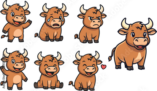 vector illustration of buffalo bull cow funny cute simple cartoon mascot character cartoon with 7 poses 01