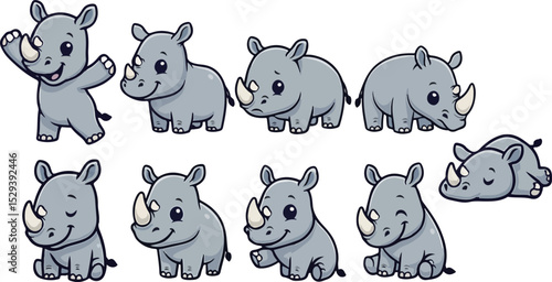 vector illustration of rhino funny cute simple cartoon mascot character cartoon with 9 poses 