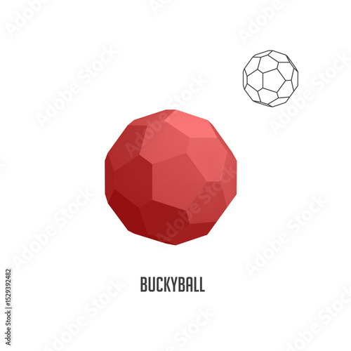 Red buckyball rotating in space with a wireframe version showing its structure, representing nanotechnology, chemistry, and geometric shapes