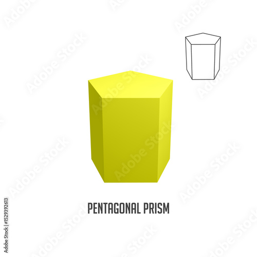 Yellow pentagonal prism and its wireframe version representing a geometric solid figure, useful for educational purposes regarding geometry, mathematics and three dimensional shapes