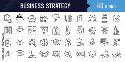 Business strategy set of web icons in line style. A collection of linear icon representing key business concepts, including market analysis, strategy, leadership, innovation, planning. Editable stroke