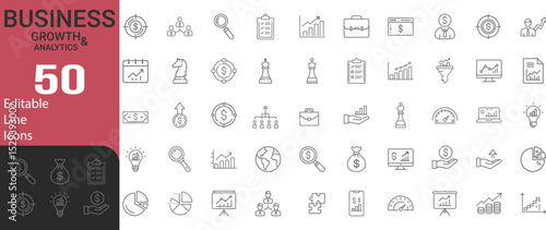 Collection Of Modern Editable Thin Line Style Business Growth And Analytics Icons Set Related Diagrams, Graphs, Financial Profits, Progress, Pictograms Infographics And More Vector Illustration