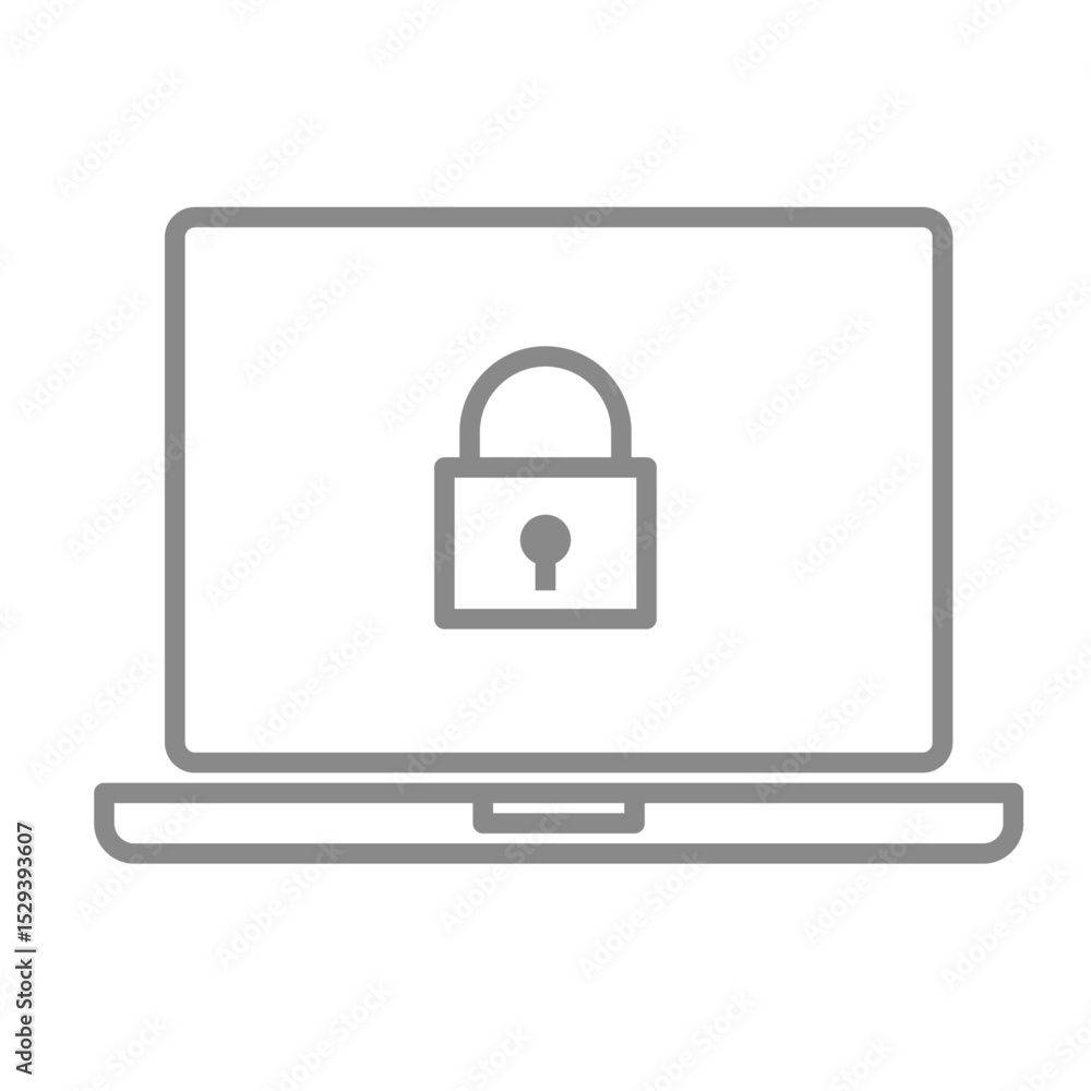 鍵マークが表示されたシンプルなノートパソコンのアイコンイラスト 鍵マークが表示されたシンプルなノートパソコンのアイコンイラスト