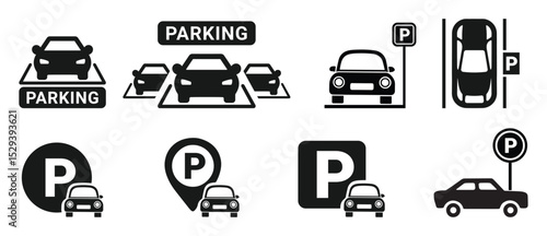 Car parking icon set on white background. Car parking sign. Car parking icon set. Public parking and parking location symbol - stock vector.
