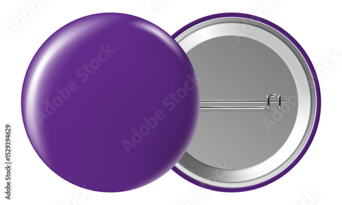 Purple blank badge displaying both front and back sides with a pin, isolated against a white background, perfect for showcasing custom text, logos, or unique designs