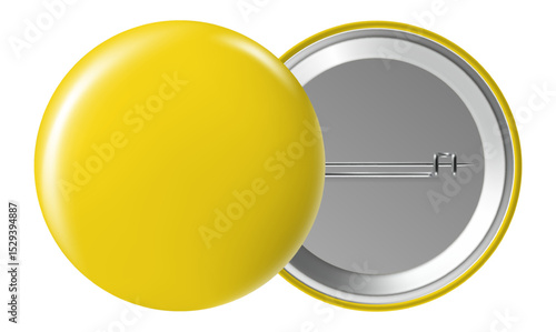 Yellow blank badge displaying both front and back sides, featuring a pin button resting on a clean white background. Ideal for branding, advertising, or promotional use