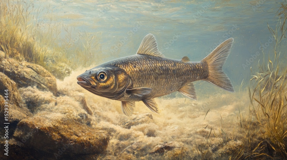 Naklejka premium A fish swims amidst underwater rocks and vegetation. Soft light filters through the water, highlighting the fish's form. Submerged rocks and aquatic plants create a natural habitat