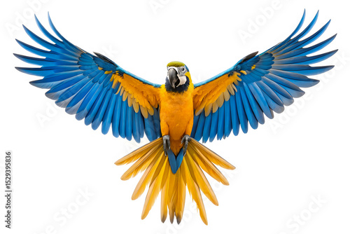 Blue and Yellow Macaw Parrot in Flight Isolated on White Background