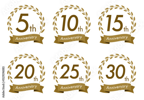 5周年・10周年・15周年・20周年・25周年・30周年のアニバーサリーロゴ(anniversarry logo エンブレム 月桂樹 お祝い ベクター 編集可能 金 gold)