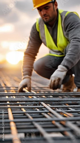 Construction Worker Meticulously Secures Rebar Grid at Sunset, Building a Solid Foundation for the Future