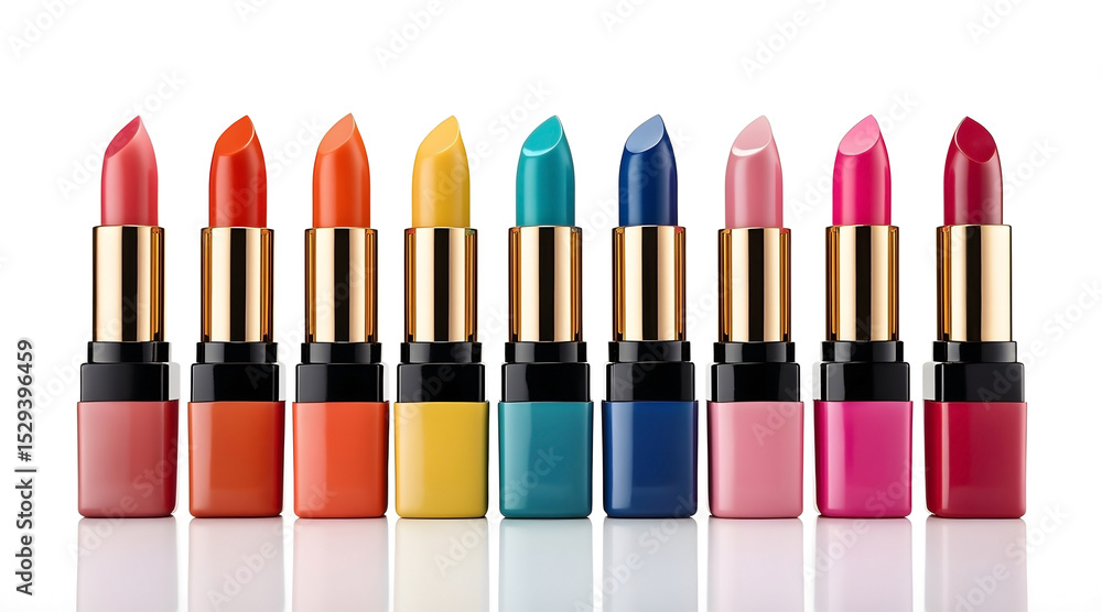 A vibrant collection of lipsticks showcasing a colorful palette of shades for beauty and cosmetic concepts A vibrant collection of lipsticks showcasing a colorful palette of shades for beauty and cosmetic concepts