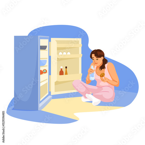 Woman in pajamas drinks milk and eats cookie near open fridge, cartoon style on white and blue background. Concept of late-night snacking. Vector illustration