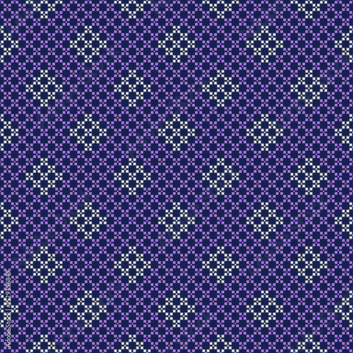 This fabric features a pattern of small, light-colored cross-stitches on a dark purple background, resembling cross-stitch embroidery or knitted fabric. It offers a classic and simple feel, suitable f