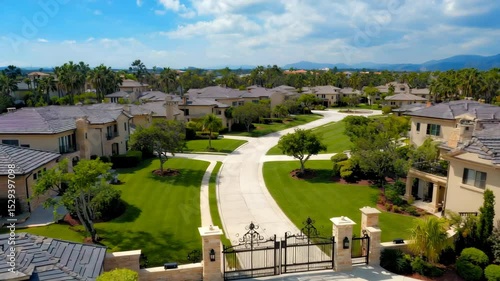 High-angle wide shot of a luxurious gated community with beautiful houses and manicured lawns on a sunny day