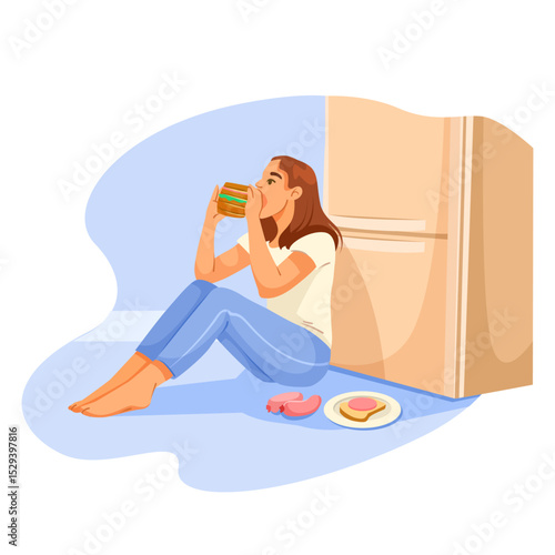 Young woman sitting on the floor near a refrigerator eating a sandwich, casual cartoon style, indoor environment, concept of emotional eating. Vector illustration