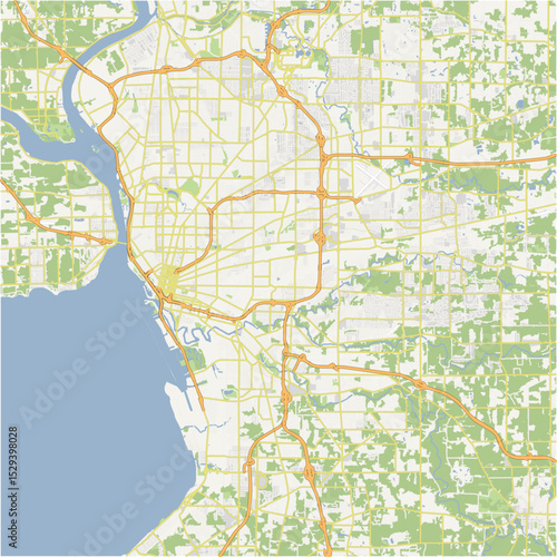 Map of Buffalo in New York in a normal road map style. Contains layered vector with roads water, parks, etc.