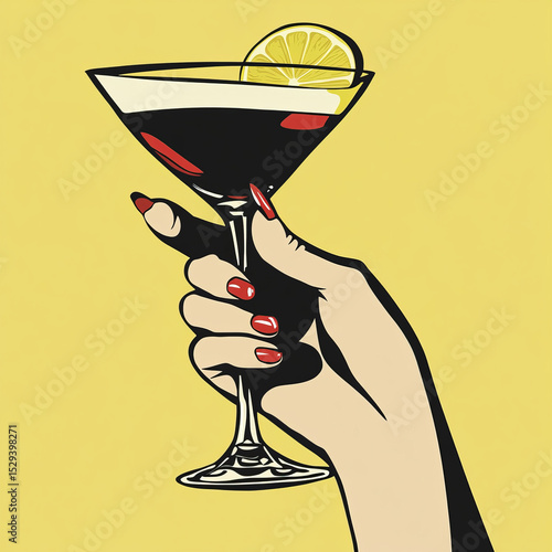 A woman's hand gracefully holds a cocktail, capturing a moment of elegance and sophistication in a stylish setting.
