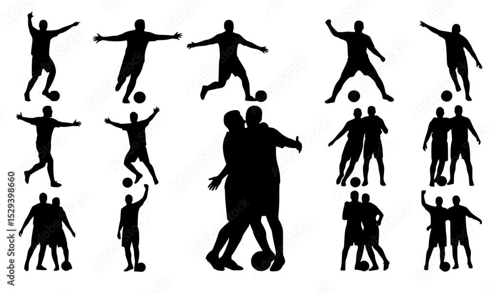 Obraz premium A dynamic collection of soccer silhouettes featuring players in action and teamwork, showcasing the excitement and camaraderie of the sport