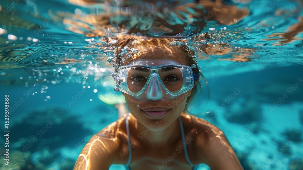 Fototapeta premium A captivating underwater image of a diver gracefully exploring vibrant marine life while wearing snorkel gear, emphasizing the beauty of aquatic ecosystems and the spirit of adventure.