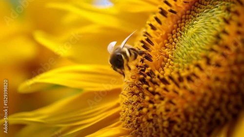 Bright yellow sunflower with a bee landing and taking off, captured in a dynamic close-up full of summer energy and natural detail.