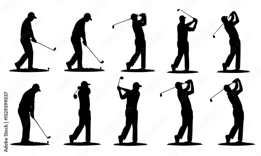 Obraz premium Essential Golf Swing Silhouettes A Detailed Collection Showcasing Key Poses and Techniques to Enhance Your Golfing Skills and Performance.