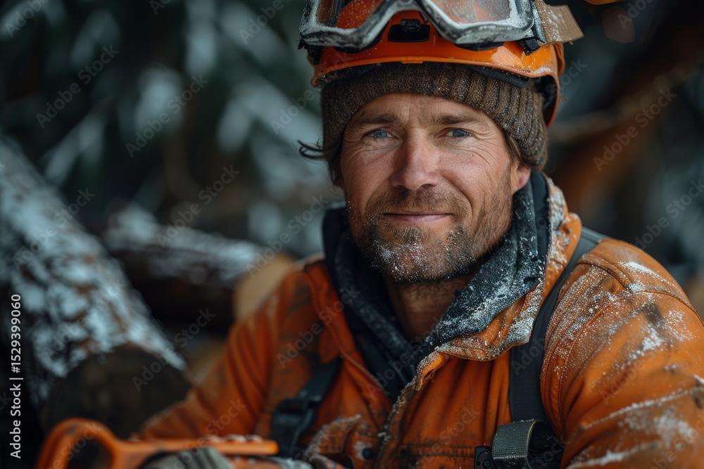 A resilient man with a rugged appearance wears a safety helmet and snowy work attire, showcasing determination and strength in a forested, winter landscape. A resilient man with a rugged appearance wears a safety helmet and snowy work attire, showcasing determination and strength in a forested, winter landscape.