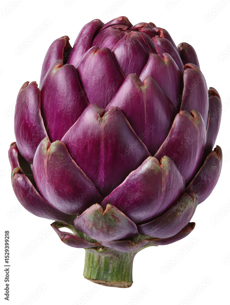 Obraz premium Close up of a purple artichoke with green stem on a black background in sharp focus and detailed texture