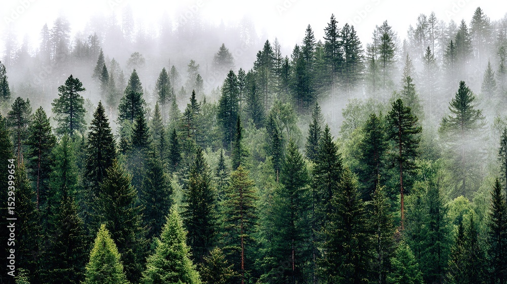 Fototapeta premium Aerial view of dense pine forest shrouded in mist, treetops veiled by low clouds, green trees contrasting with soft white fog for ethereal tranquil atmosphere.