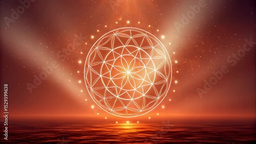 Serene sunset landscape featuring a glowing Flower of Life geometric symbol spirituality meditation yoga energy peace harmony