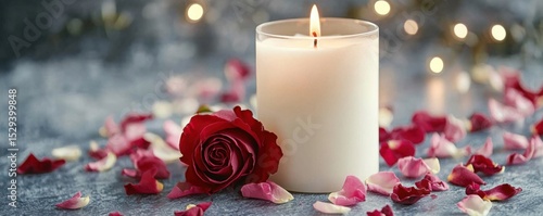 Photos White candle with rose and flower petals