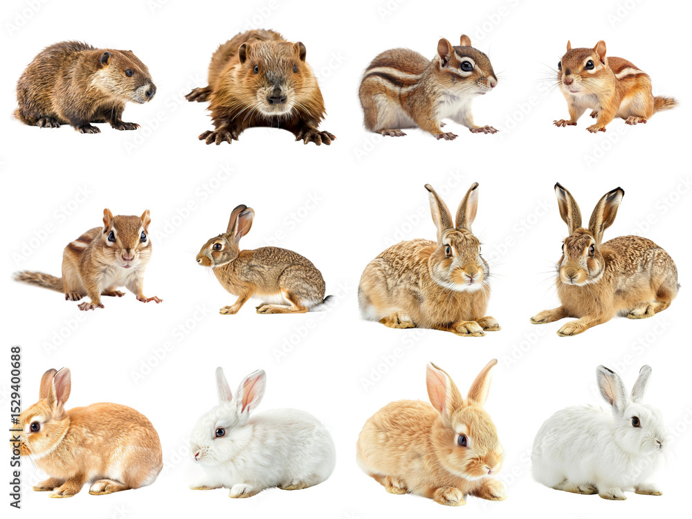 Fototapeta premium Watercolor Rabbit Collection, 12 Brown and White Bunny PNG Illustrations, Woodland Animal Clipart for Nursery Designs isolated PNG with Transparent Background
