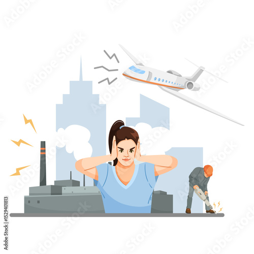 Woman covering ears due to noise and pollution from airplane, construction, and factory in urban cityscape on white background. Vector illustration