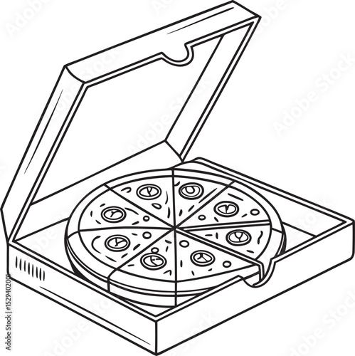 This collection of black and white line art illustrates various views of a pizza box, some including a slice of pizza or the entire pizza inside