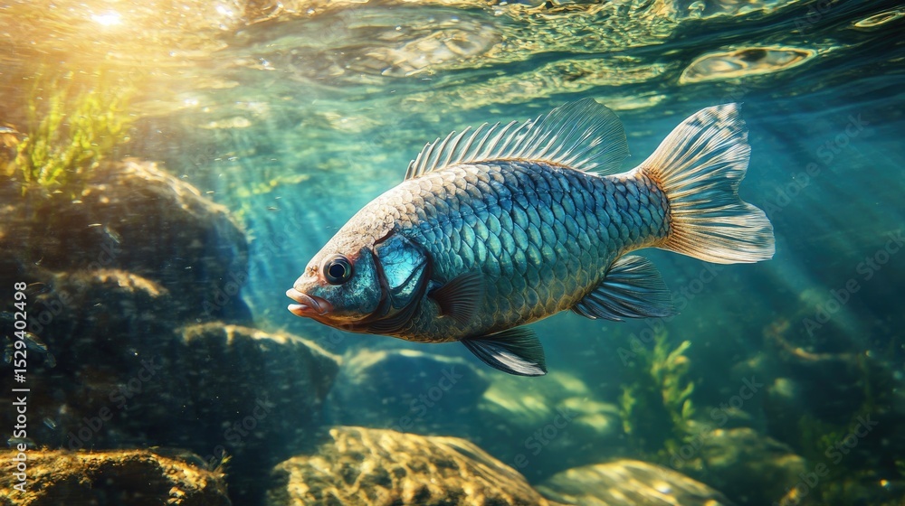 Fototapeta premium Underwater view of a fish swimming near rocks and plants. Sunlight streams through the clear water