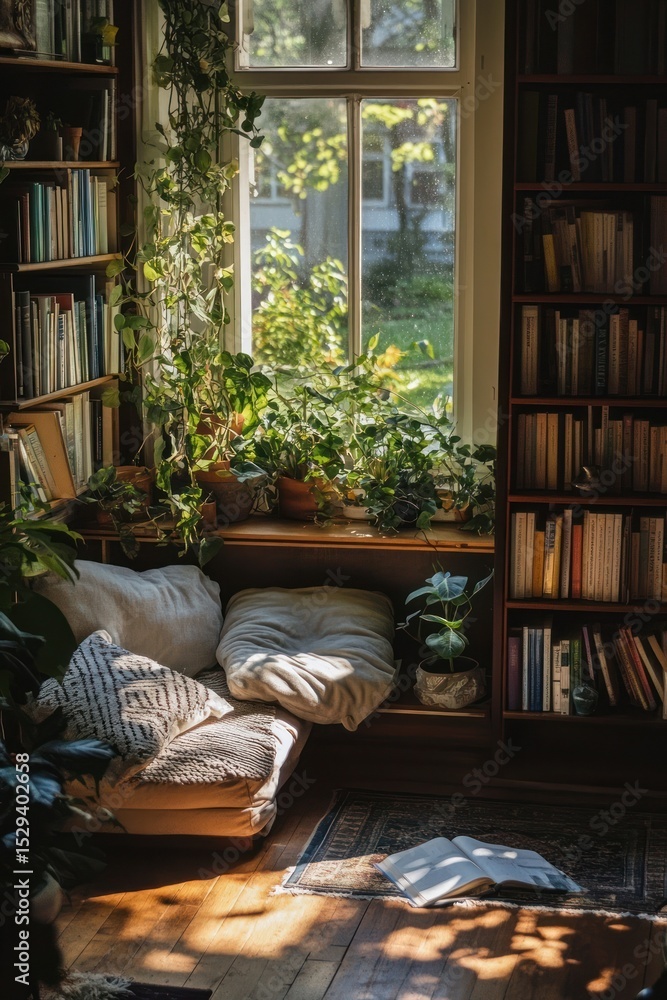 Sunlit room with bookshelves, plants, and window seat Sunlit room with bookshelves, plants, and window seat