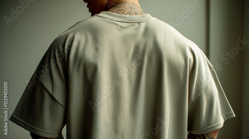 Back View of Person Wearing Beige T-Shirt with Tattoos on Neck in Indoor Setting