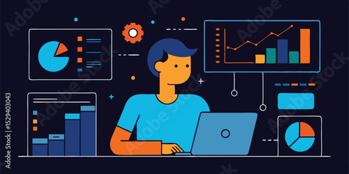 Data analyst working on laptop with charts and graphs