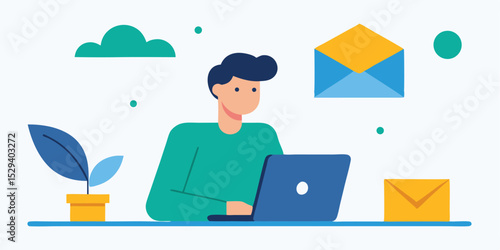 Man working on laptop receiving emails online communication