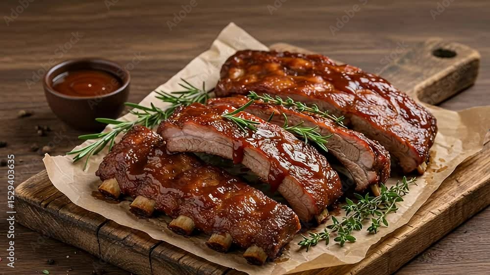 Barbecue Glazed Pork Ribs with Rosemary on Rustic Wooden Board With Sauce and Fresh Herb for a Tasty Gourmet Grilled Cuisine Presentation Barbecue Glazed Pork Ribs with Rosemary on Rustic Wooden Board With Sauce and Fresh Herb for a Tasty Gourmet Grilled Cuisine Presentation