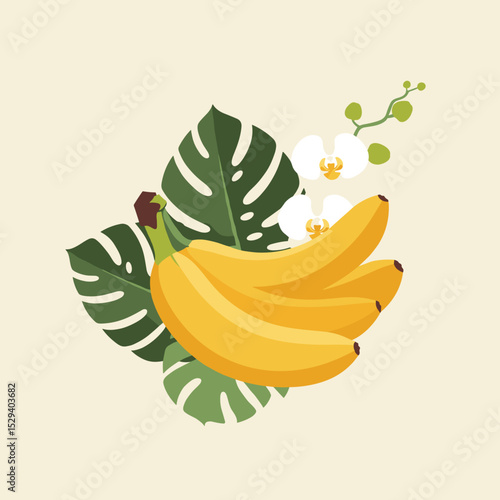 Banana bunch with orchid flowers and tropical leaves
