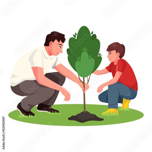 Man and boy planting young tree on green lawn, cartoon style, isolated on white background. Concept of family bonding and environment care. Vector illustration