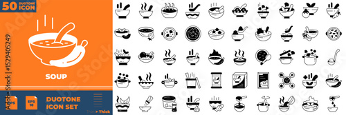 Soup Duotone Editable Icons set. Vector illustration in modern thin duotone style of soup icons: meatball, soup, fish, etc