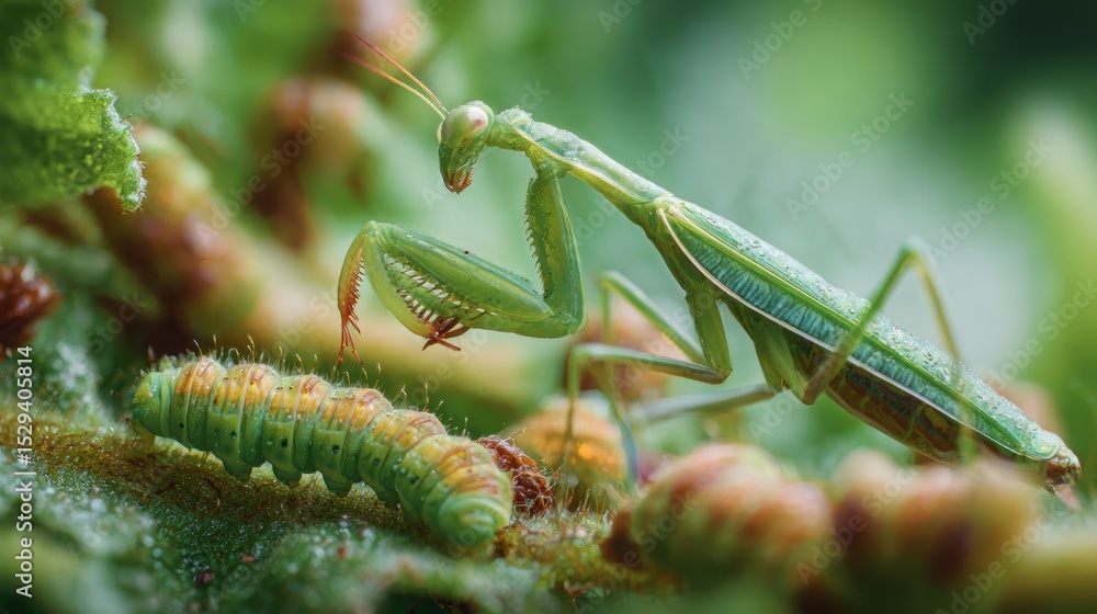 Naklejka premium Organic pest control method. Close-up of a praying mantis observing a caterpillar on lush green foliage.