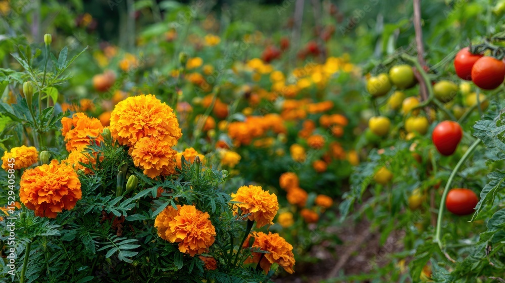 Organic pest control method. Vibrant marigolds and ripening tomatoes in a lush garden setting. Organic pest control method. Vibrant marigolds and ripening tomatoes in a lush garden setting.